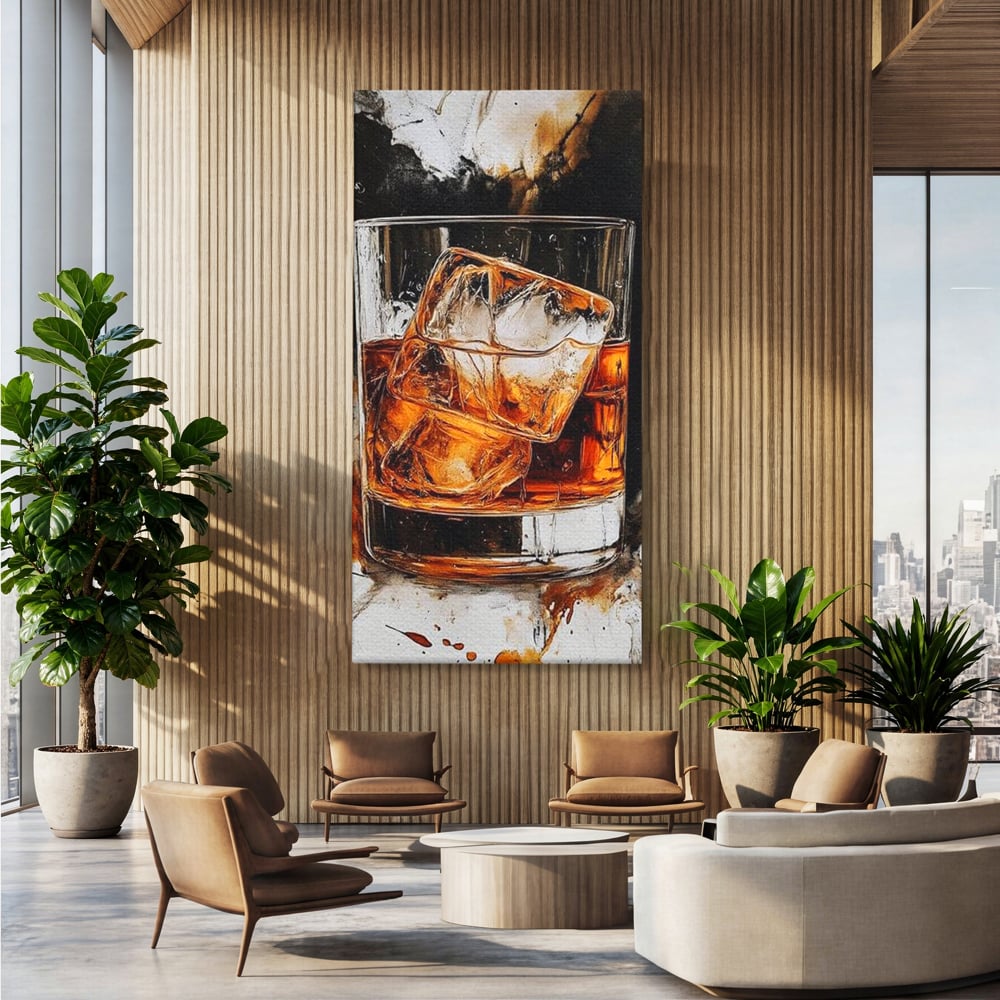 Tablou canvas cu tablou canvas cu pahar de whisky si gheata, fara rama, pe sasiu de lemn, pe perete intr-un birou